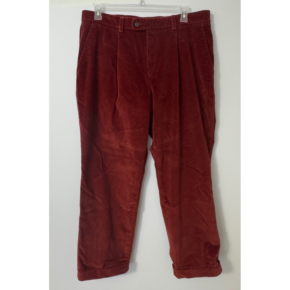 Barbour Pleated Corduroy Trousers Mens 36 Rust Red Cuffed Wide Wale